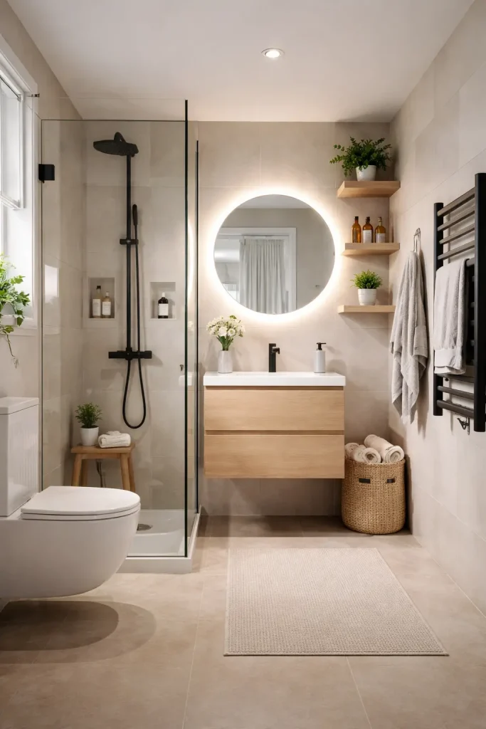 Compact modern bathroom with natural tones