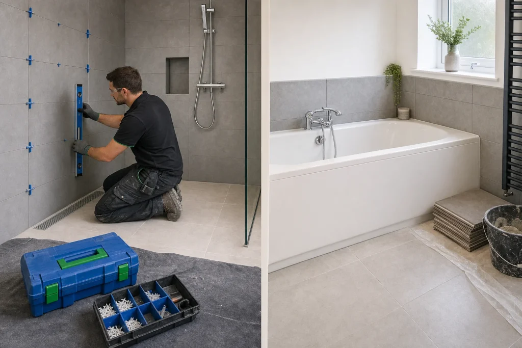 Bathroom fitter comparing a wet room shower area with a traditional bath layout
