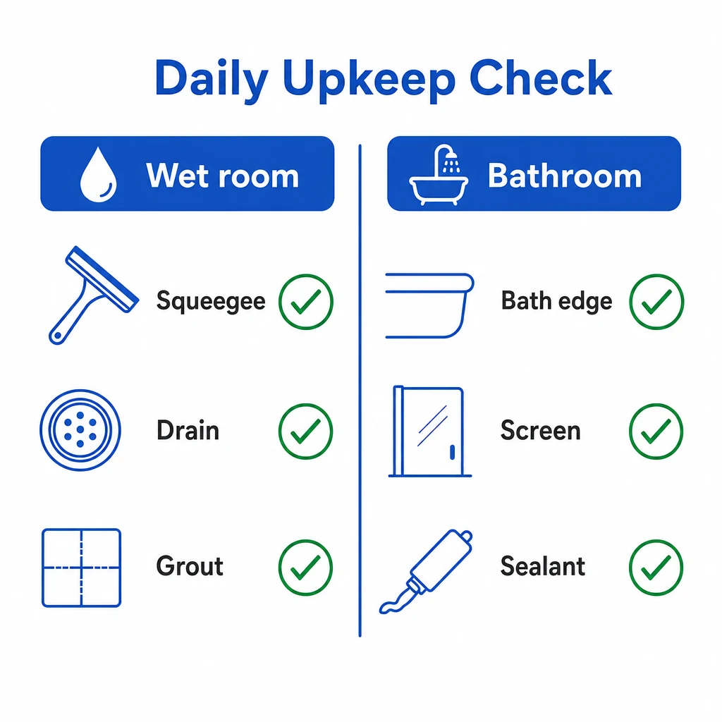 Checklist graphic showing wet room and bathroom daily upkeep tasks