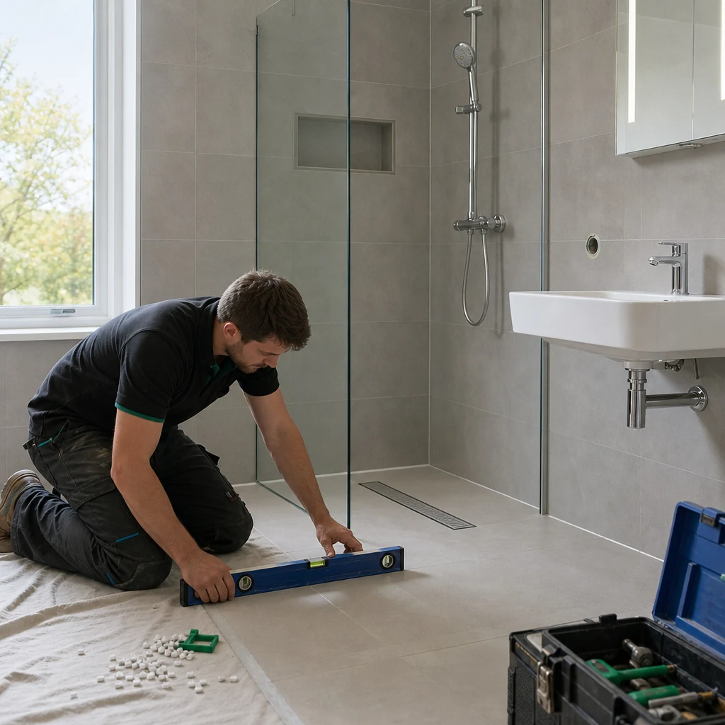 Fitter checking the level access floor fall in a modern wet room