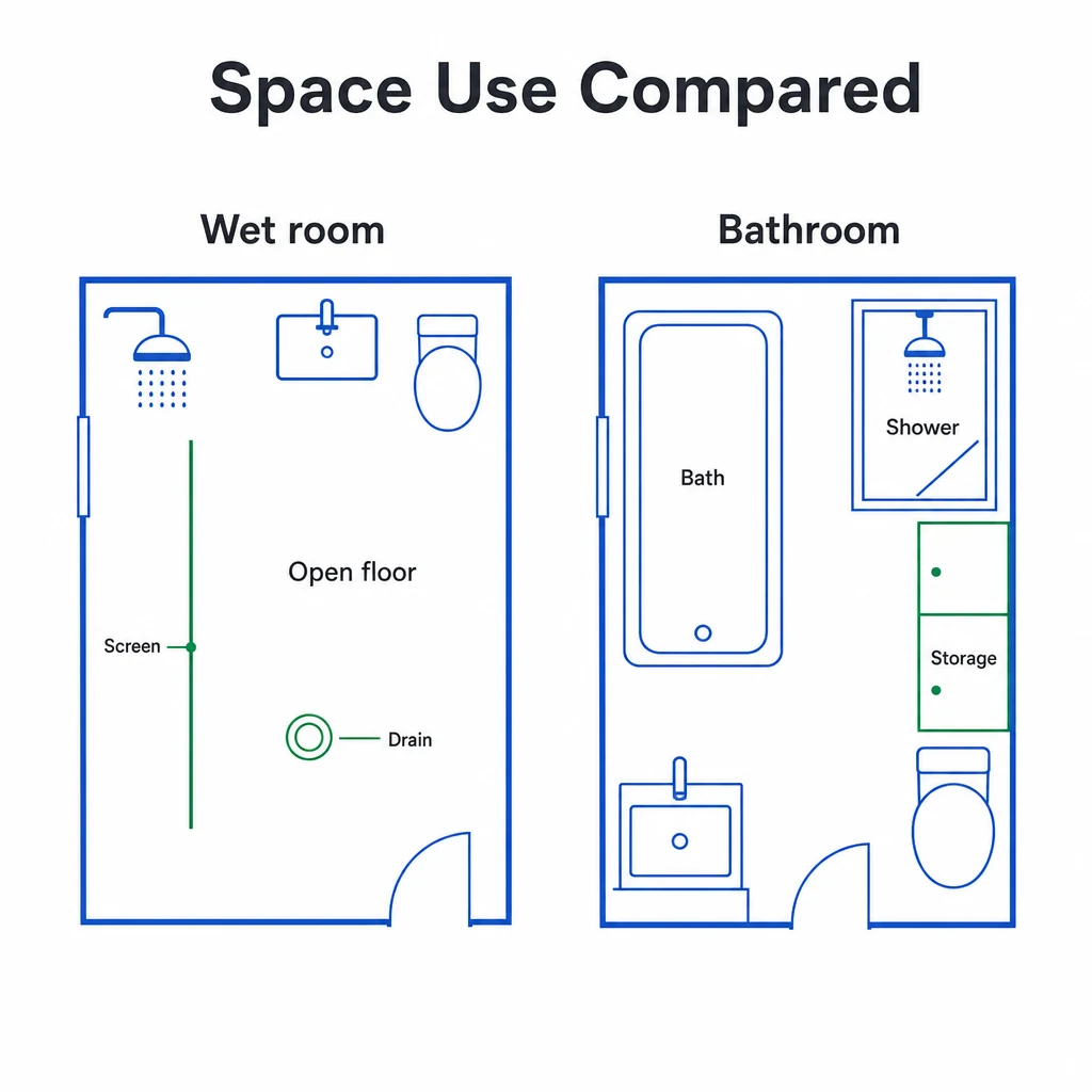 Floor plan graphic comparing wet room and bathroom space use