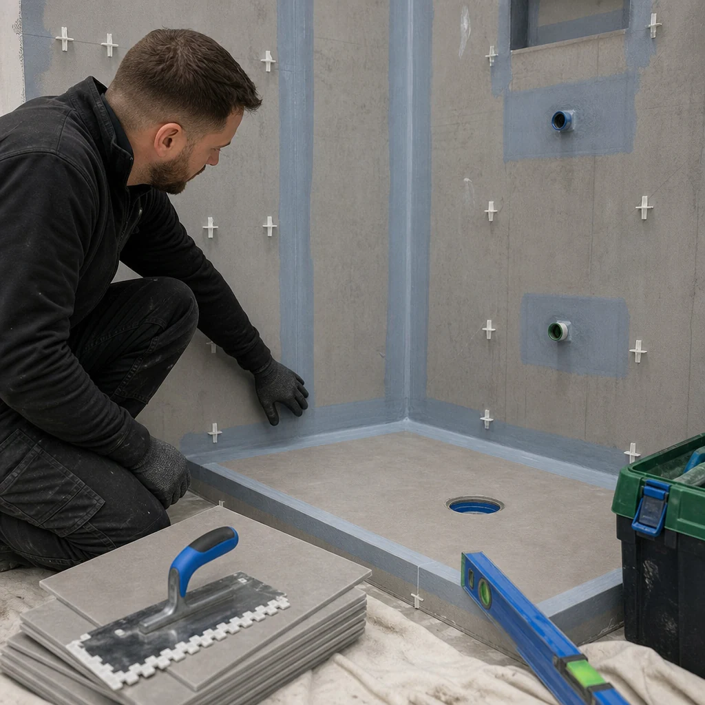 Waterproofing and sealed joints prepared before bathroom tiling