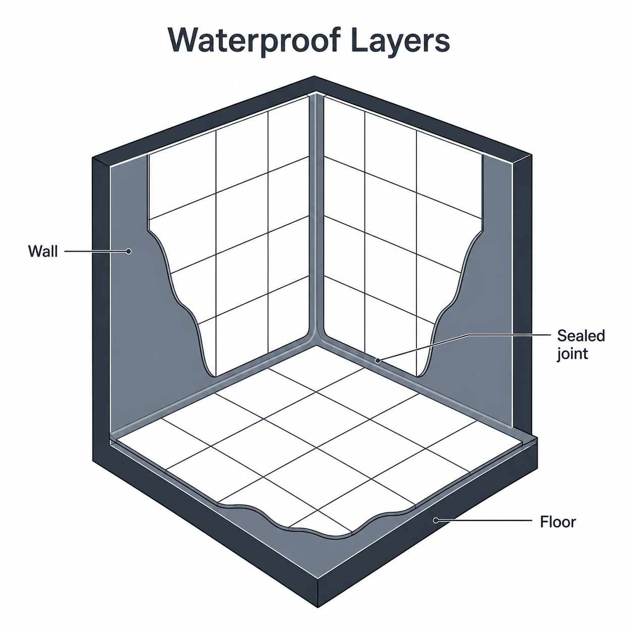 Diagram of waterproof layers behind wet room wall and floor tiles