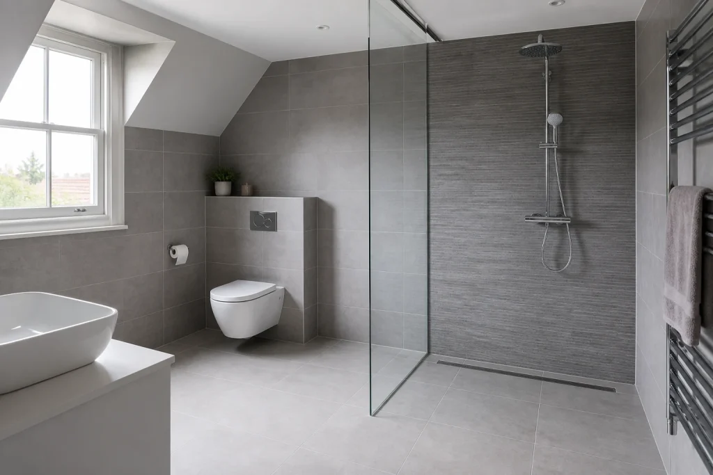 Finished upstairs wet room with grey tiles, glass screen and chrome shower fittings