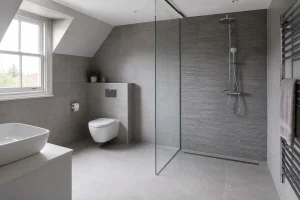 Finished upstairs wet room with grey tiles, glass screen and chrome shower fittings
