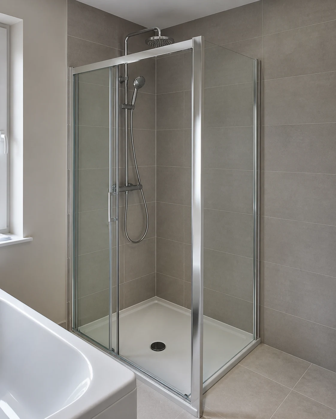 Neatly finished grey bathroom tiling with chrome trim and pale floor tiles