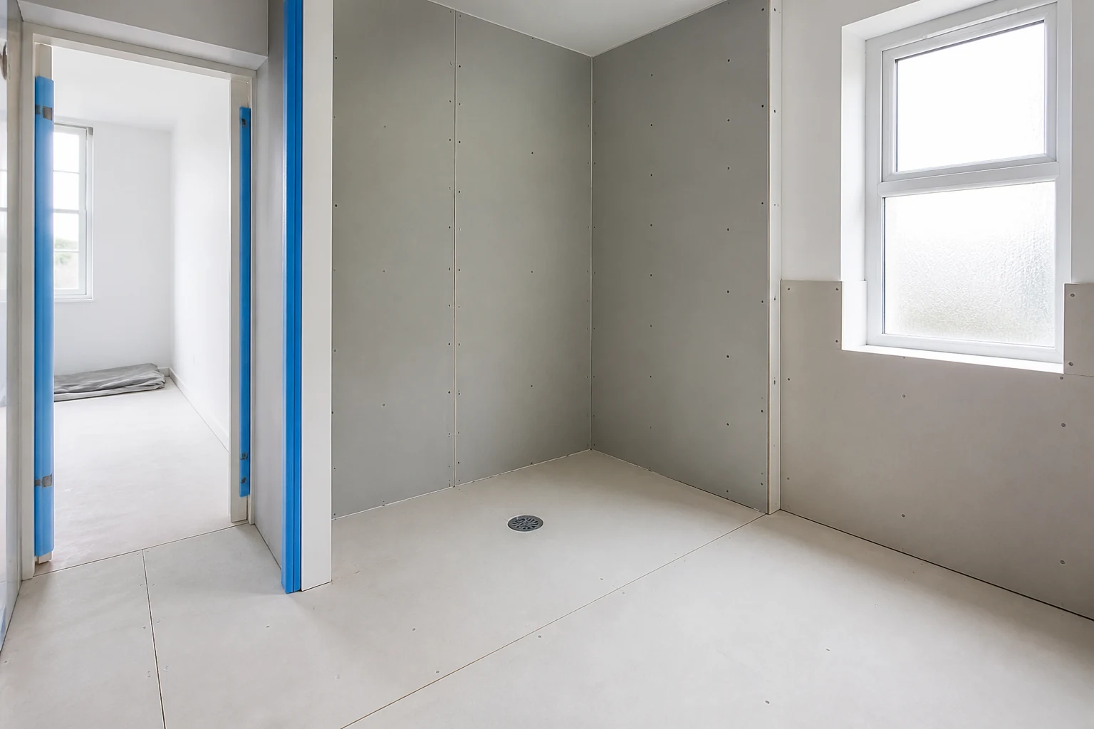 Prepared shower area ready for wet room waterproofing