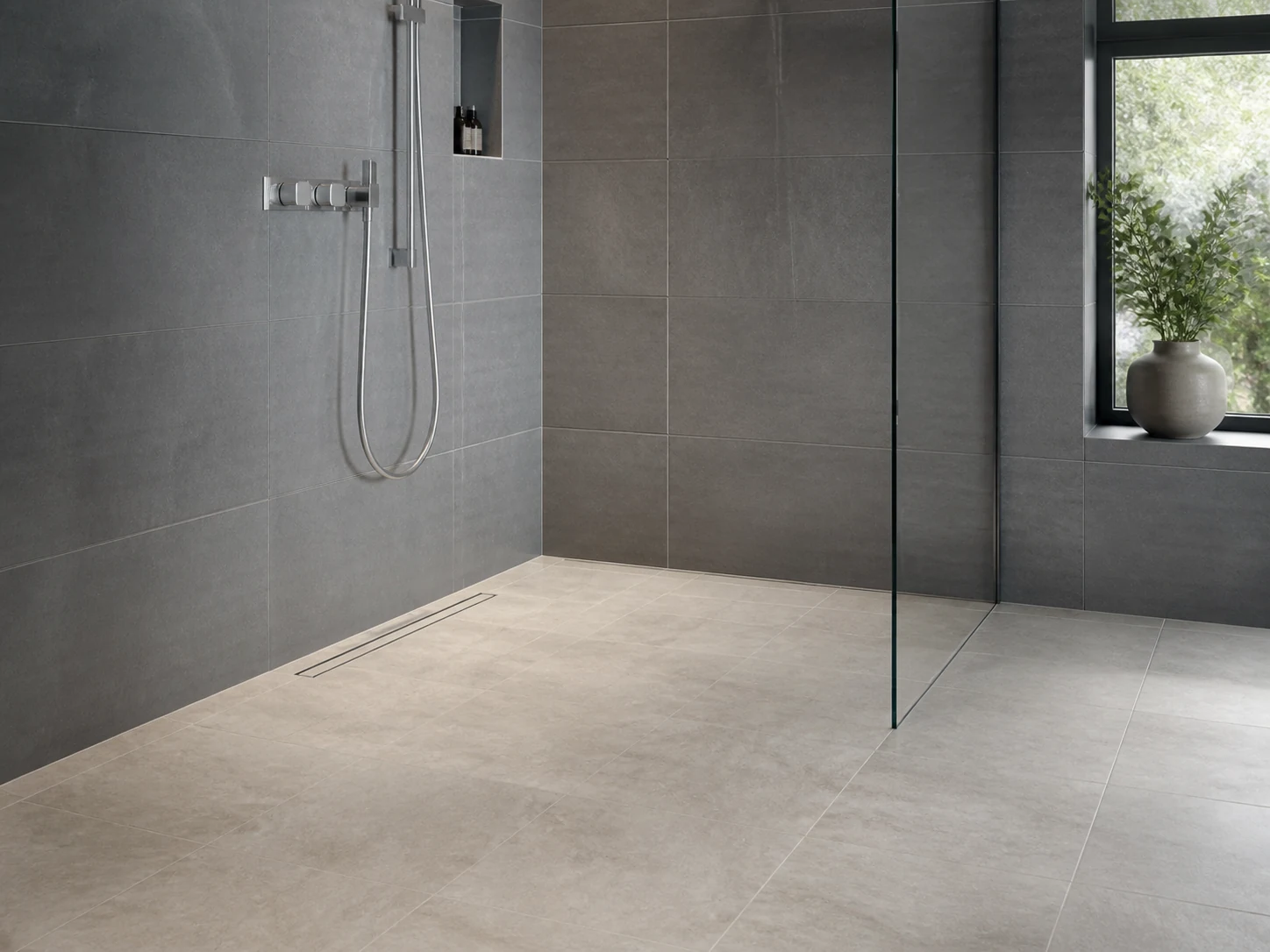 Well fitted wet room with neat tiling and linear drain